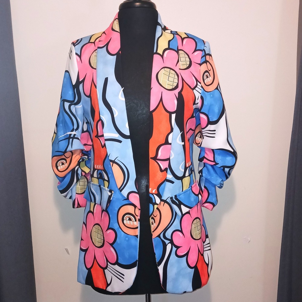 Koker Italy Whimsical Bold Comic Pop Art Floral Ruched sleeve Blazer Jacket M